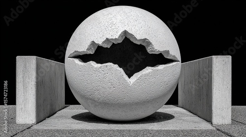 Abstract Concrete Sphere Sculpture with Cutout in Black and White