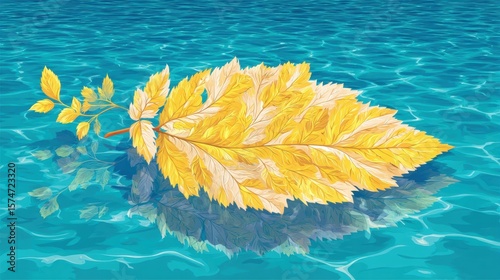 Yellow autumn leaf floating on clear blue water surface