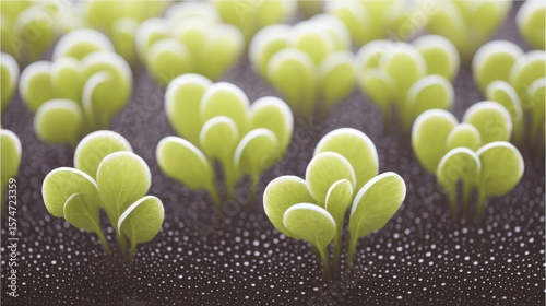 Fresh green seedlings sprouting from dark soil with water droplets