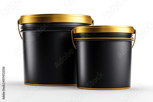 Two black containers with gold rims.