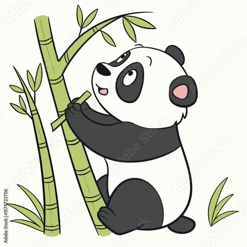 A cartoon panda bear climbing on bamboo shoots and eating a piece of bamboo in a cute illustration