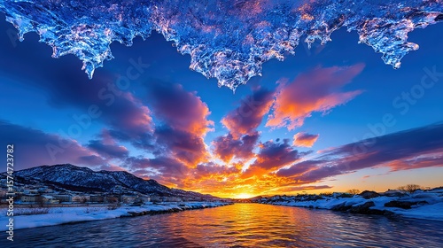 Winter Sunset over River with Ice Formation and Mountain Landscape
