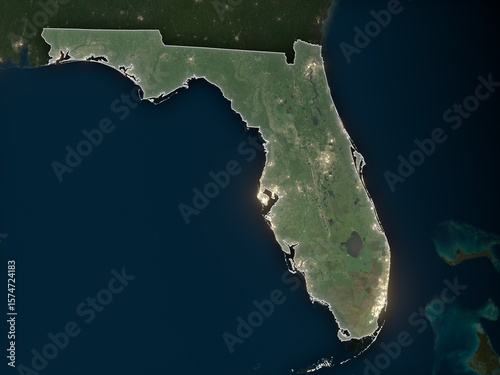 Detailed night map of Florida with clear state borders and glowing city lights. Contains modified Copernicus Sentinel data 2025.