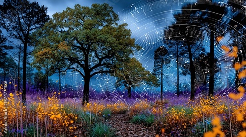 Musical Forest Landscape with Tree and Flower Field