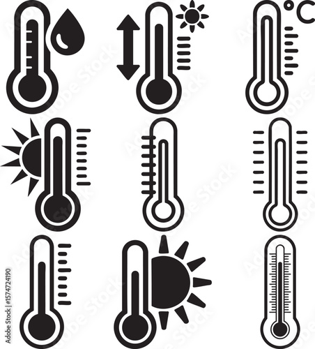 Black And White Vector Illustration Of Thermometer Icons Representing Temperature Heat Cold Weather Climate Forecast And Meteorology

