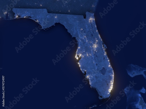 Florida as seen from space at night with visible state borders. Contains modified Copernicus Sentinel data 2025.