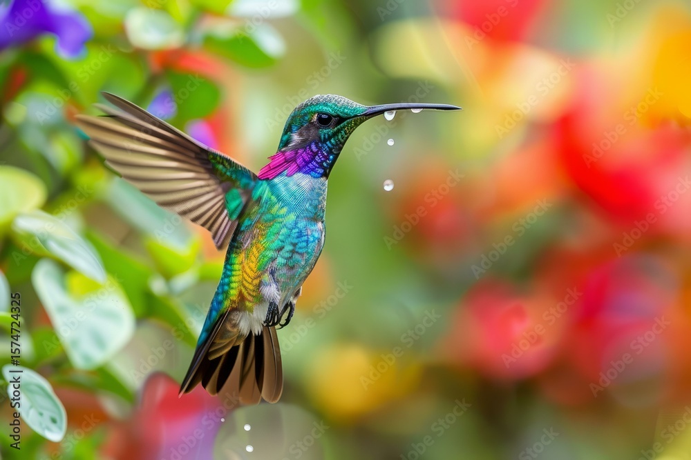 Fototapeta premium Beautiful hummingbird with iridescent feathers hovering in the air and drinking nectar from a flower with water dripping from its beak