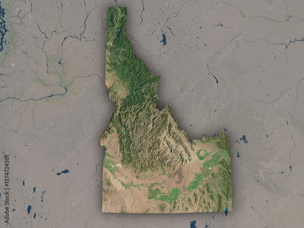 Naklejka premium Very detailed map of Idaho with clear state borders and visible cities. Contains modified Copernicus Sentinel data 2025.