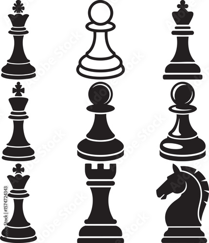 Black And White Vector Illustration Of Classic Chess Pieces Set Including King Queen Bishop Knight Rook And Pawn Silhouettes

