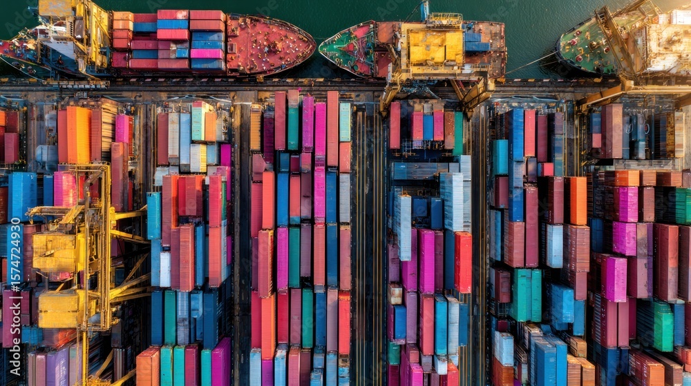 Obraz premium Aerial view of colorful cargo containers at a busy port