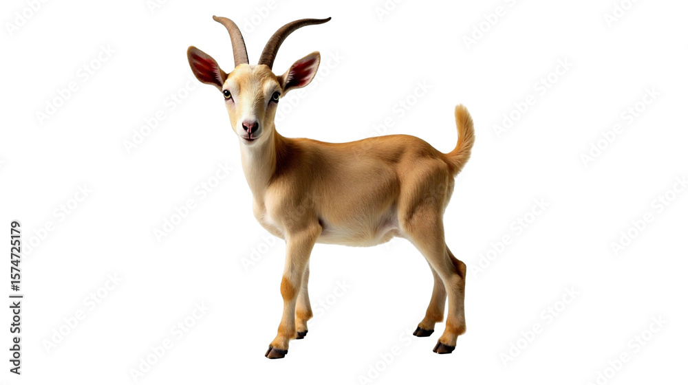Fototapeta premium Curious LaMancha goat with unique ears and soft beige coat standing gracefully in a sunny meadow