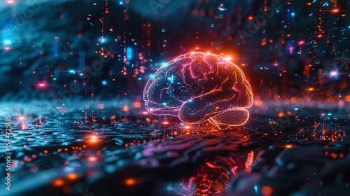 Creative knowledge concept with glowing brain, flowing data, and abstract learning visuals.
