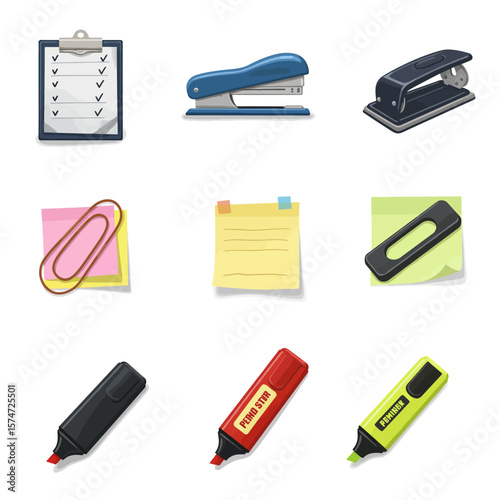 Office Stationery and Supplies Vector Icons