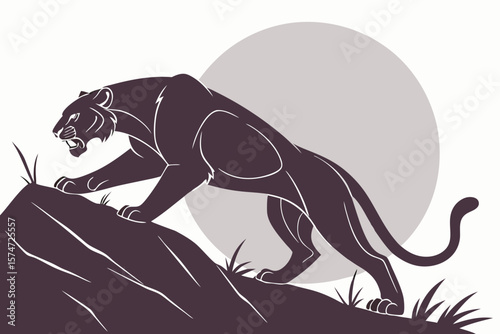 Illustration of a panther climbing a rocky hill under a grey circle in a minimalist style design