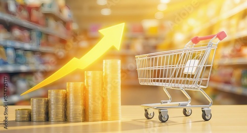 Rising Prices and Inflation Concept with Shopping Cart and Coin Stack in Supermarket