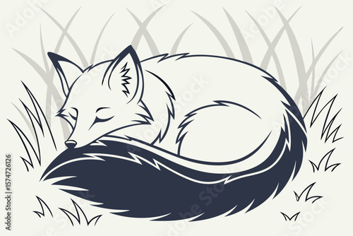 Sleeping fox curled up in the grass with a bushy tail and closed eyes in a monochrome illustration