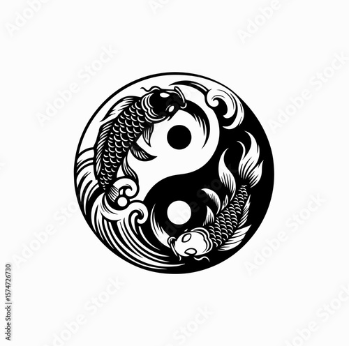 Minimalist Black Vector Logo of Koi Fish and Japanese Wave in Yin Yang Spiral Composition Isolated on White Background