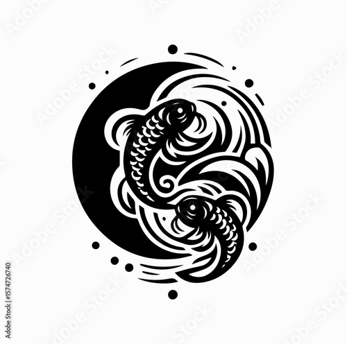 Minimalist Black Vector Logo of Koi Fish and Japanese Wave in Yin Yang Spiral Composition Isolated on White Background