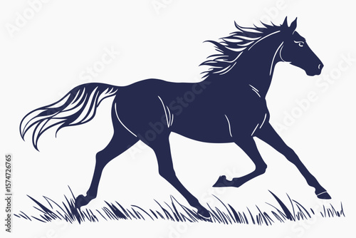 Silhouette of a dark blue horse galloping through a field of grass with a flowing mane and tail