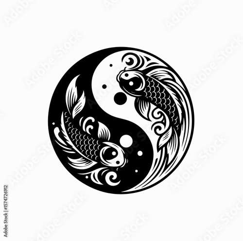 Minimalist Black Vector Logo of Koi Fish and Japanese Wave in Yin Yang Spiral Composition Isolated on White Background