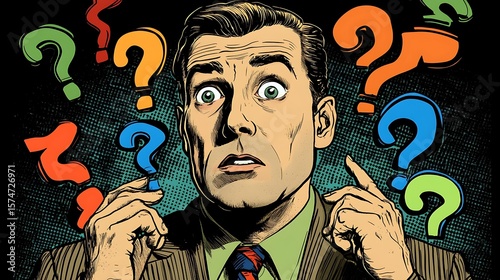 Man with many question marks expressing confusion.