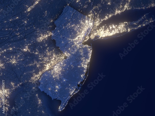 New Jersey as seen from space at night with visible state borders. Contains modified Copernicus Sentinel data 2025.
