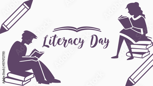 Purple Silhouette Illustration:  Boy and Girl Reading Books for Literacy Day;  Simple, Elegant Design;  Educational, Celebratory Mood;  Perfect for Print or Web.