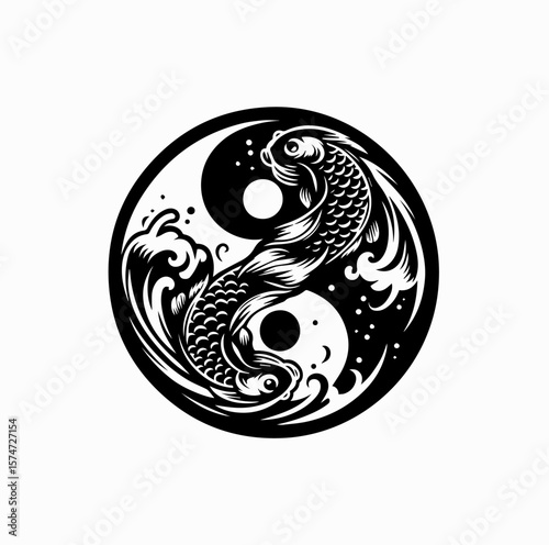 Minimalist Black Vector Logo of Koi Fish and Japanese Wave in Yin Yang Spiral Composition Isolated on White Background