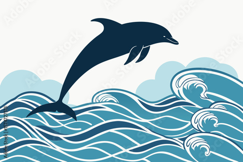 A playful dolphin leaps from stylized ocean waves with cloud accents against a light background design