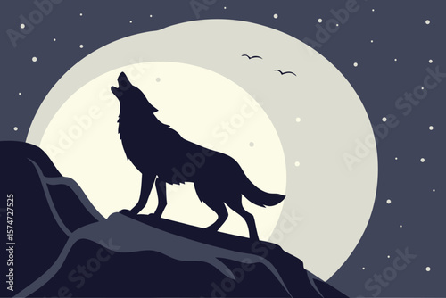 Silhouette of a wolf howling at the moon on a rocky cliff under a starry night sky illustration