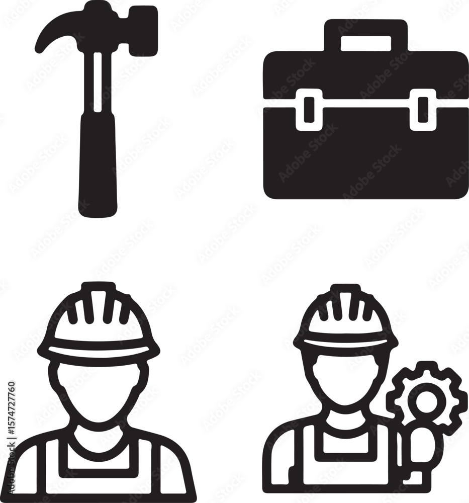 Construction Worker Icons Hammer, Toolbox, Hard Hat, and Gear Construction Worker Icons Hammer, Toolbox, Hard Hat, and Gear