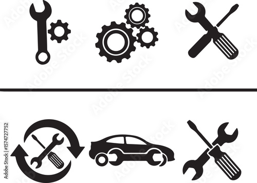 Auto Repair Shop Icons Wrench, Gear, and Car Maintenance Symbols