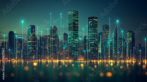 Illuminated cityscape at night with digital connections.