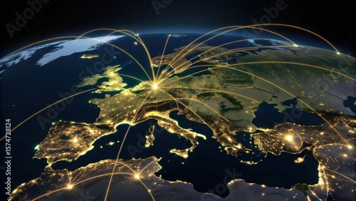 Global network connections spanning europe and beyond at night