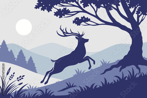 Silhouette of a deer leaping across a hill under a tree with mountains and a moon in the background