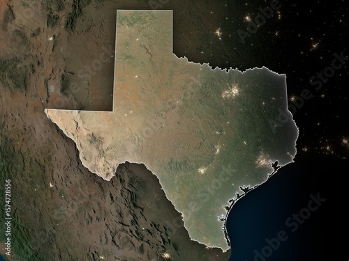 Detailed night map of Texas with clear state borders and glowing city lights. Contains modified Copernicus Sentinel data 2025.