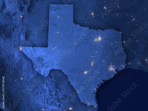 Texas as seen from space at night with visible state borders. Contains modified Copernicus Sentinel data 2025.