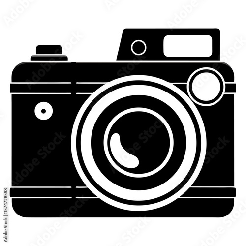 Classic black silhouette of a vintage camera with a round lens and body