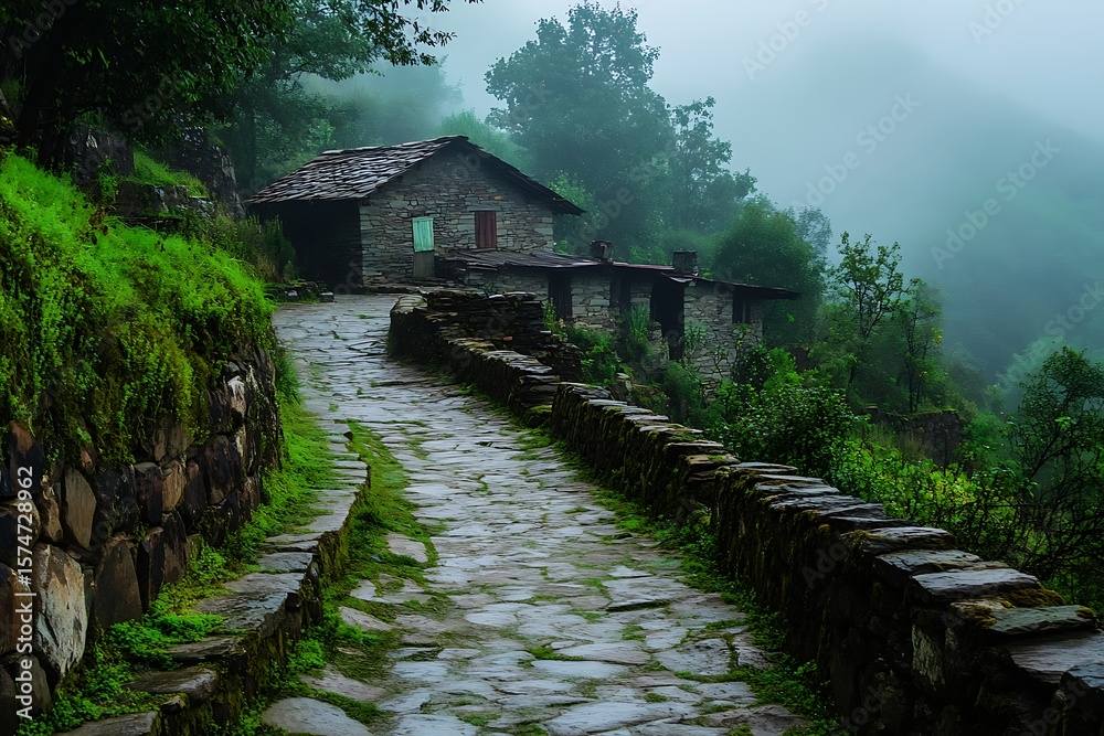 Fototapeta premium Stone Path Leading to Rural Stone Houses in Lush Green Foggy Landscape