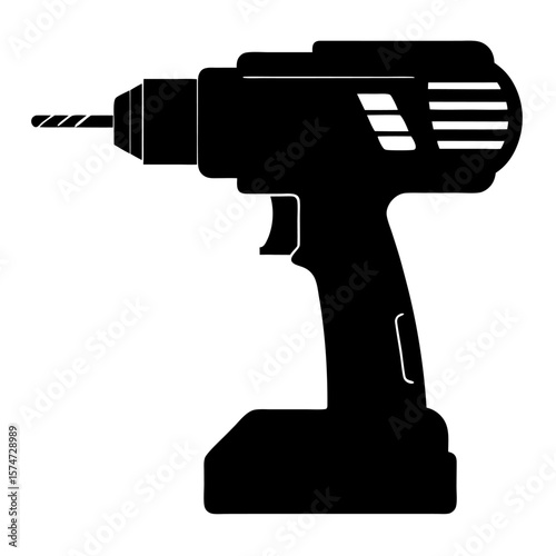 Clean black silhouette of a power drill with a realistic shaft and bit