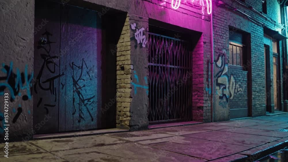  Façade urbaine taguée sous lumière néon rose et bleue