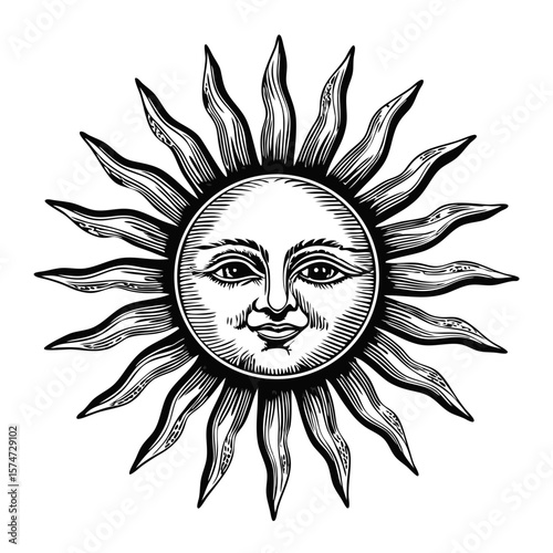 Sun with smiling face illustrated in vintage style, celestial sun beams shining with engraved details. Sun with smiling face is a drawing with fine lines, shading, and intricate engraving effect,