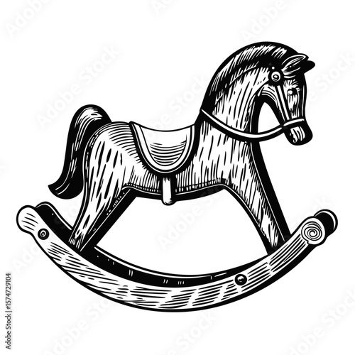 Child's wooden horse in classic hand-drawn style engraving. Child's wooden horse illustration showcasing traditional craftsmanship and vintage charm.