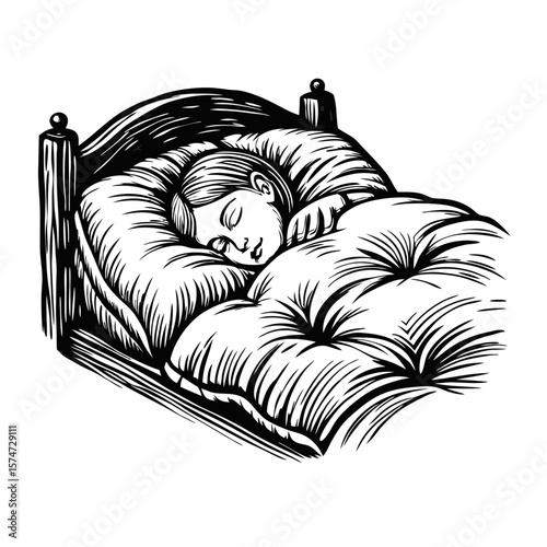 Sleeping child in bed depicted in vintage engraving shows peaceful rest and dreams. This sleeping child illustration highlights cozy bed linens and serene slumber.