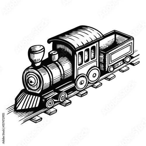 Toy train on track in an old-fashioned, hand-drawn engraving style. This toy train, depicted with meticulous, vintage detail, evokes a sense of nostalgia.