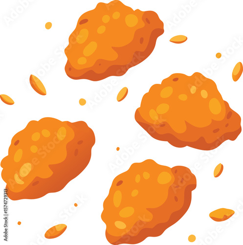 Crispy chicken nuggets and seasoning scattered on white background