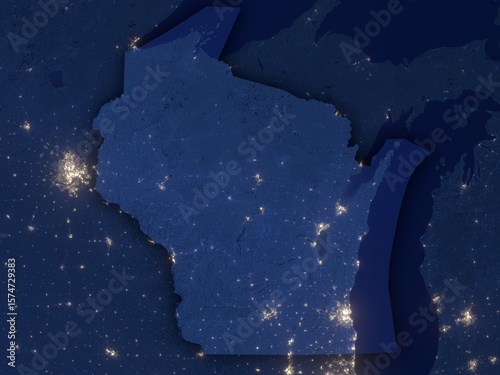 Wisconsin as seen from space at night with visible state borders. Contains modified Copernicus Sentinel data 2025.