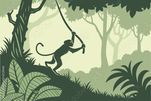 Silhouette of a monkey swinging on a vine in a jungle with trees and dense foliage around it