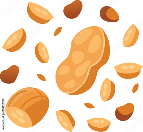 Scattered peanuts and peanut halves on a white background