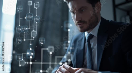Conceptual Close-up Businessman Typing on Laptop with Document Icons Overlay